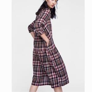Zara Women’s Sz Large Plaid Dress Midi Length Long Sleeve Checked